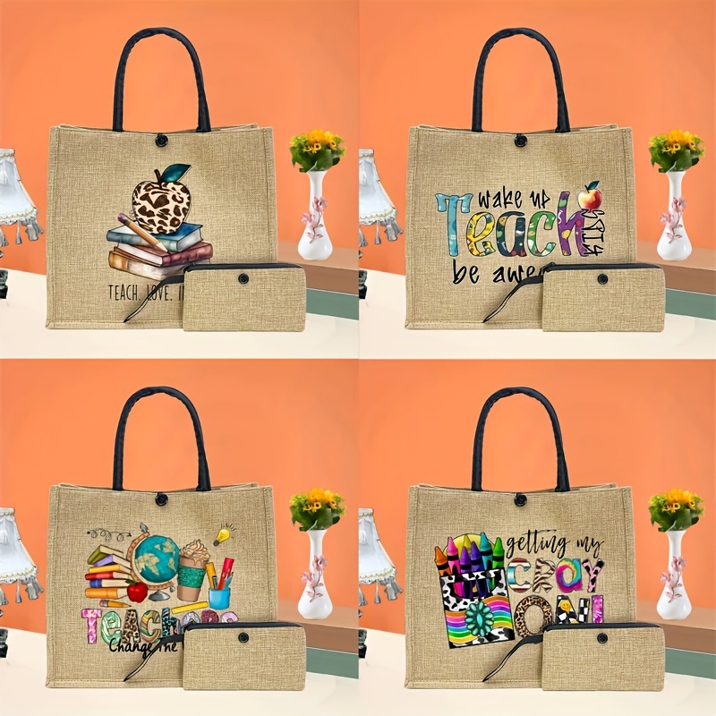 

Teacher Print 2pcs Tote Bag, Suitable For Teacher Item Storage, Shopping Bag For Beach Travel With Coin Purse, Gift Bag For Teacher