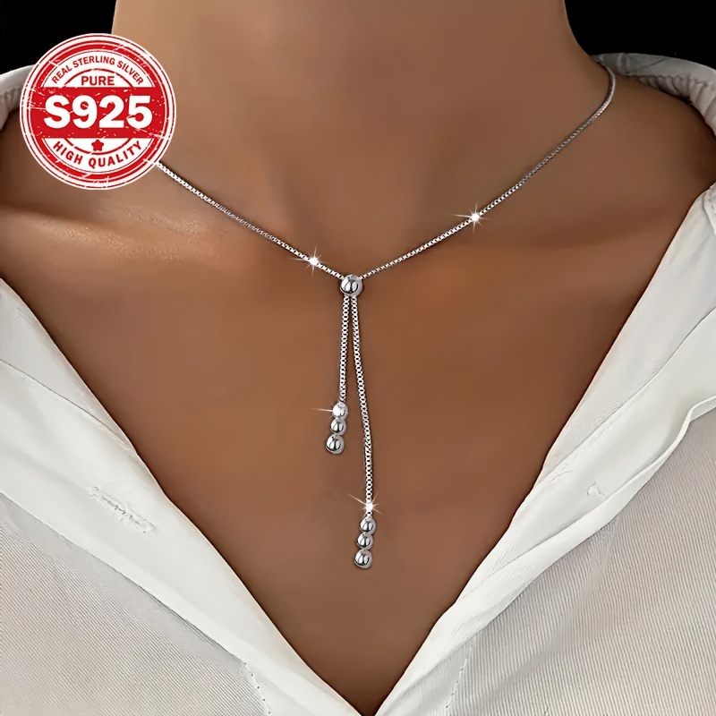 

1pc Sterling Silver 925 Ladies Lariat Necklace, Adjustable Tassel Sphere Pendant, Elegant & Delicate Jewelry 3.7g, Perfect Gift For Her, Vacation & Party Wear, Sexy & Minimalist Style