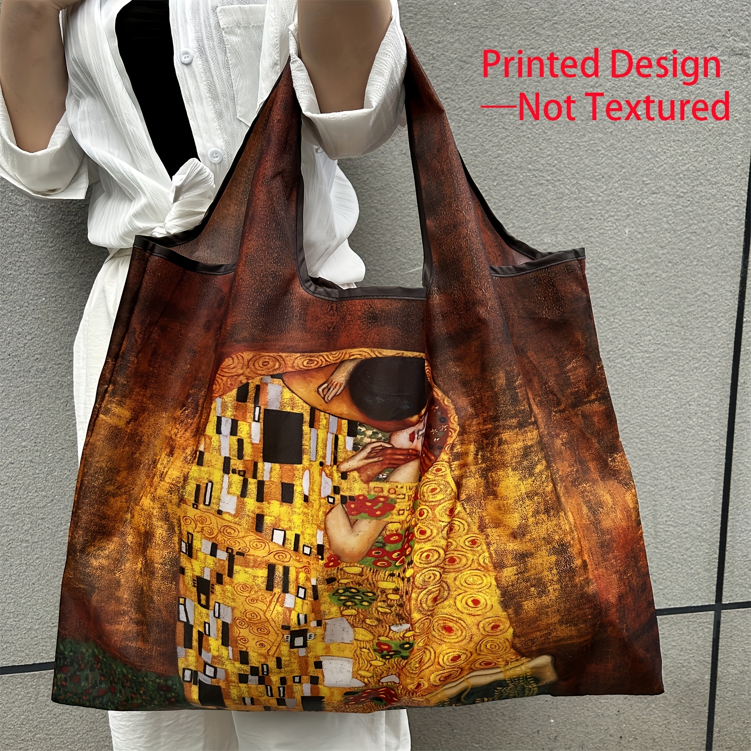 Image of Printed Design - Not Textured Women's Shoulder Bag And Oil Painting Kiss Large Capacity Portable Shopping Bag Lightweight Foldable Shopping Bag Single Shoulder Hand Tote Bag