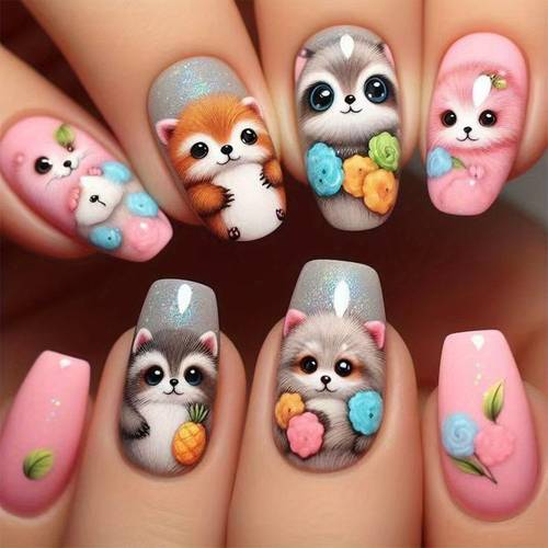 24pcs cute cartoon animal press on nails floral false nails for women adorable raccoon fox for daily wear easy to apply remove