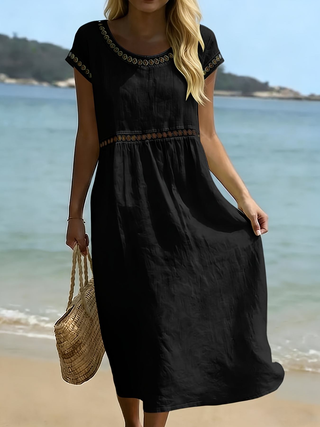 knee length dresses for ladies Loose Drawing Linen Summer Dresses Women Clothes L / Blue