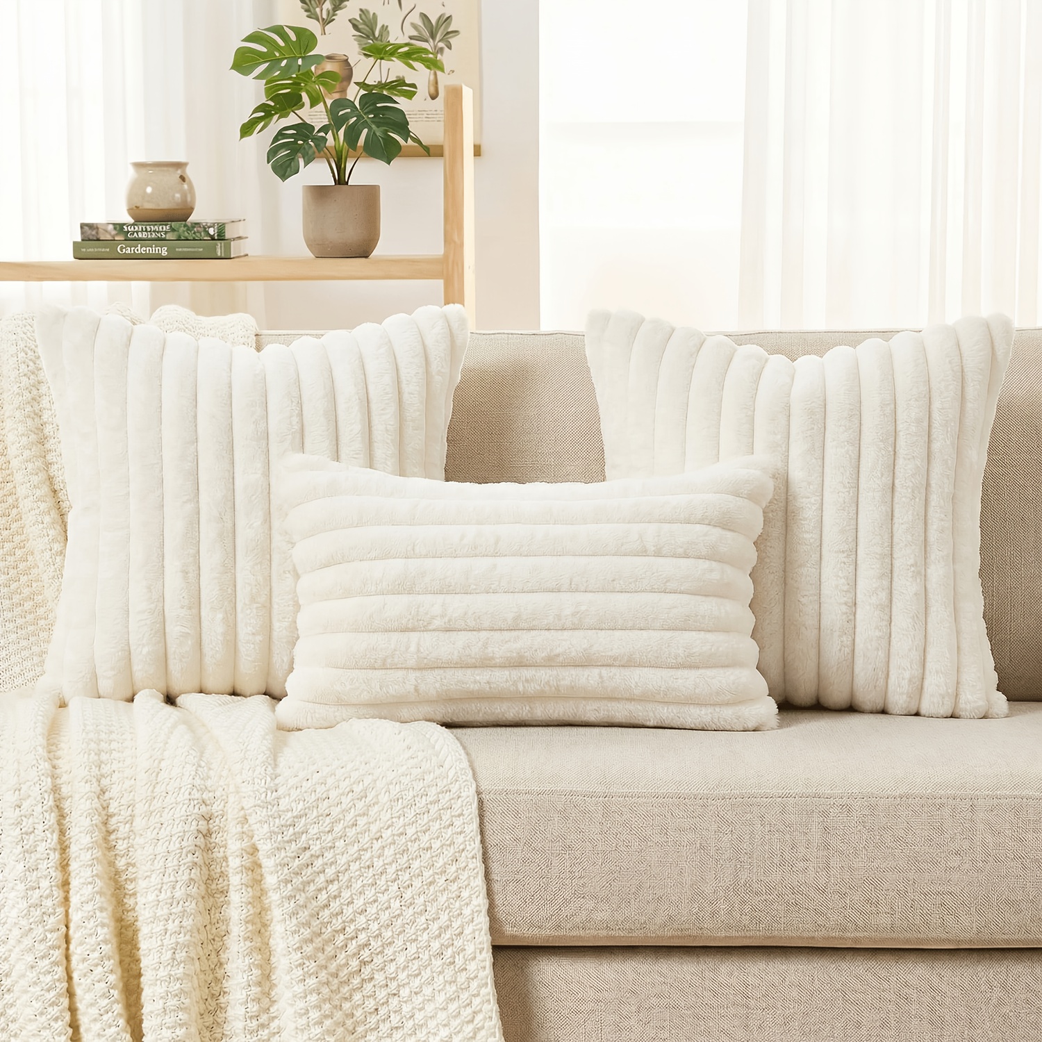 TEMU 3pcs Plush Throw Pillow Covers 18x18 & 12x20 Inch, Boho Fluffy Striped Soft Cushion Covers, Farmhouse Spring Summer Cozy Shaggy Textured