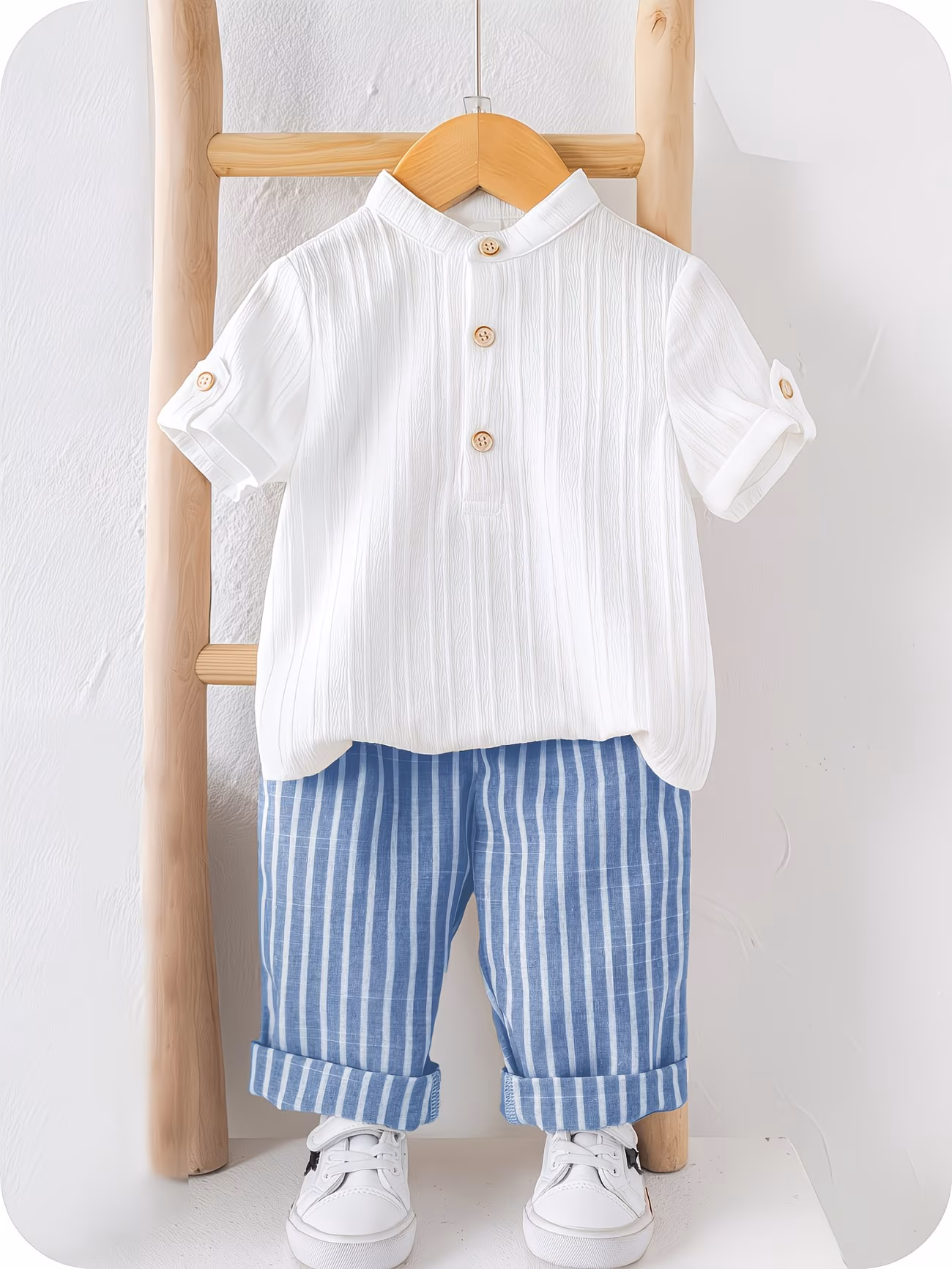 ensemble 2 pièces pour enfants, style dété, comprenant une chemise à manches courtes et col , et un pantalon décontracté à rayures, idéal pour lextérieur. 0