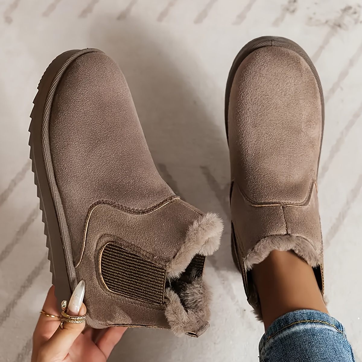 

Women's Poyu Fleece-lined Warm Snow Boots, Soft Fabric Upper & Inner, Solid Color, Slip-on, Flat Platform Heel, , Comfortable Sole, Plain Toe Design