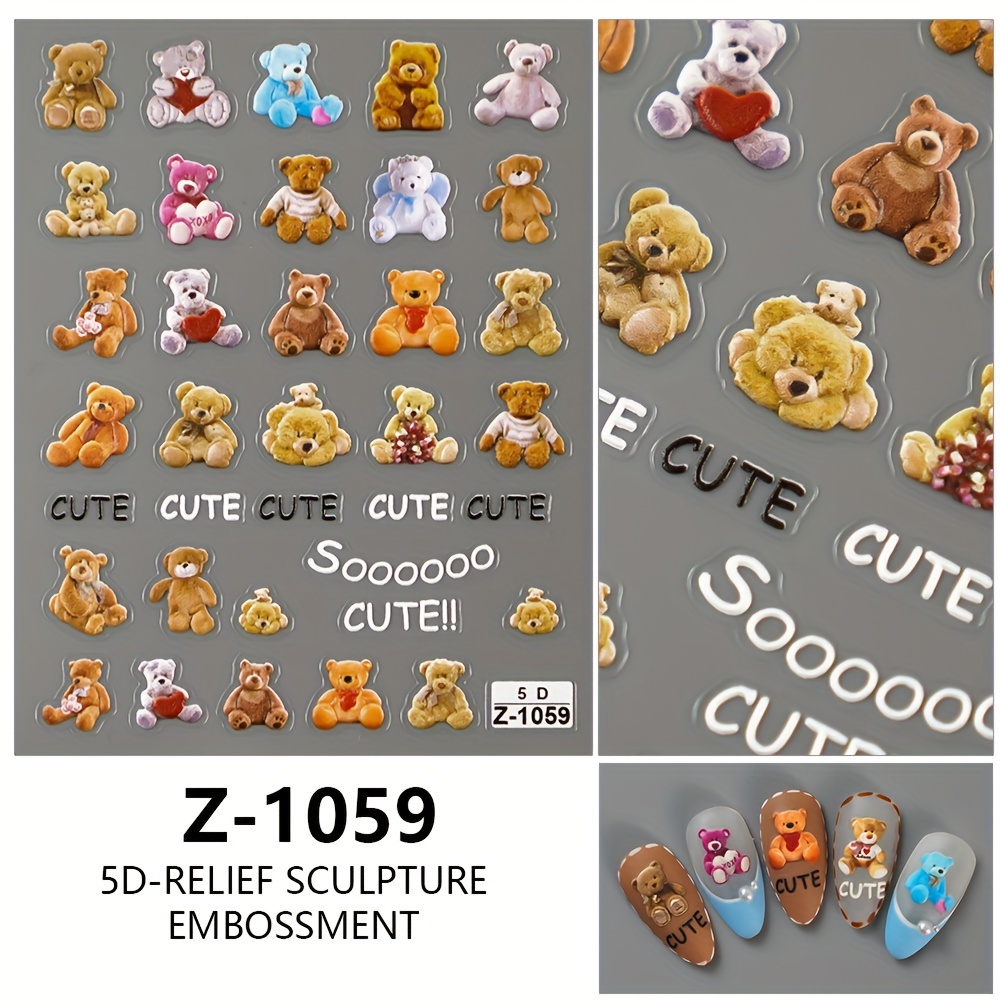 Image of New 5d Embossed Cartoon Realistic Bear Nail Stickers With 3d Adhesive For Nail Decoration