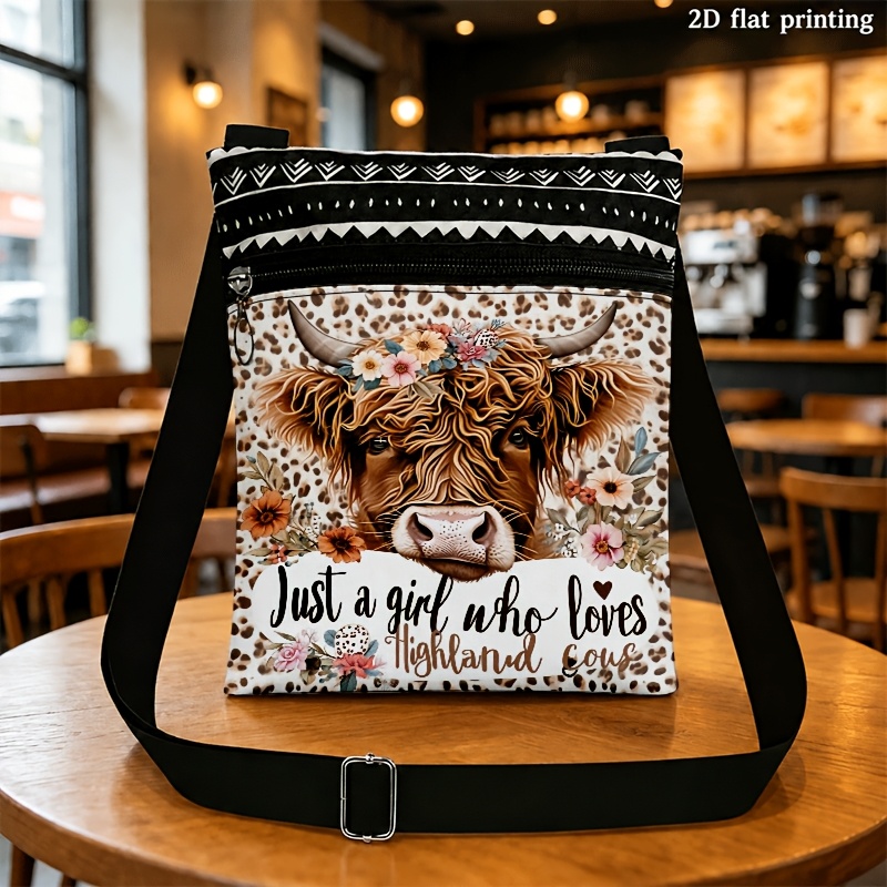 TEMU Men' & Women' Adjustable Crossbody Bag With Highland Cow Print, Zipper Closure Suitable For Daily Commute, Travel,, - Machine Washable Strap,