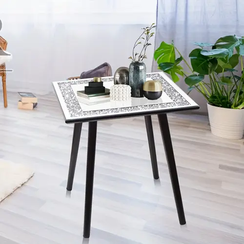 elegant square glass side table with diamond accents solid wood base living room sofa area
