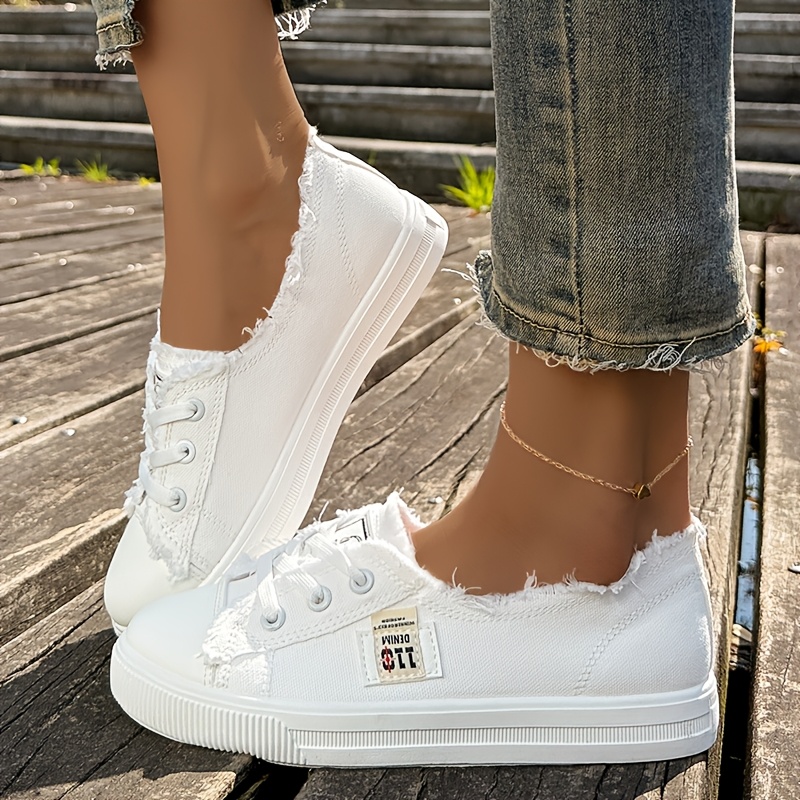 TEMU Distressed -on Low-top Flats, Frayed Edge Lace-up Breathable Casual Shoes, Vintage Street Trendy, Women Shoes, Sneakers