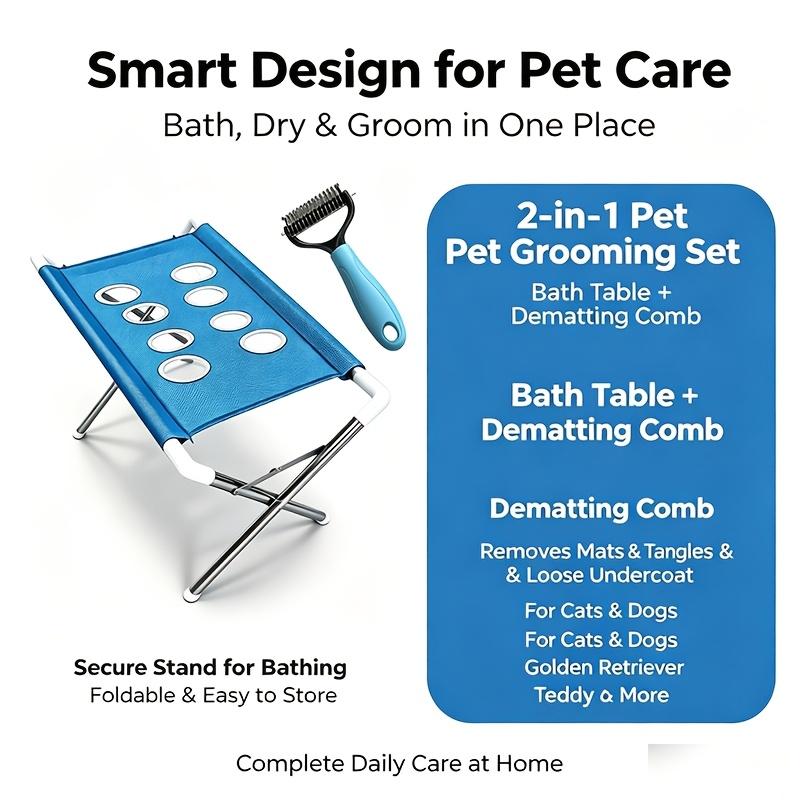 TEMU Moonxian Foldable Pet Bathing Stand With Hair Remover Brush & Non-slip Base - Quick-dry Breathable Mesh Suitable For Cats And Small Dogs,