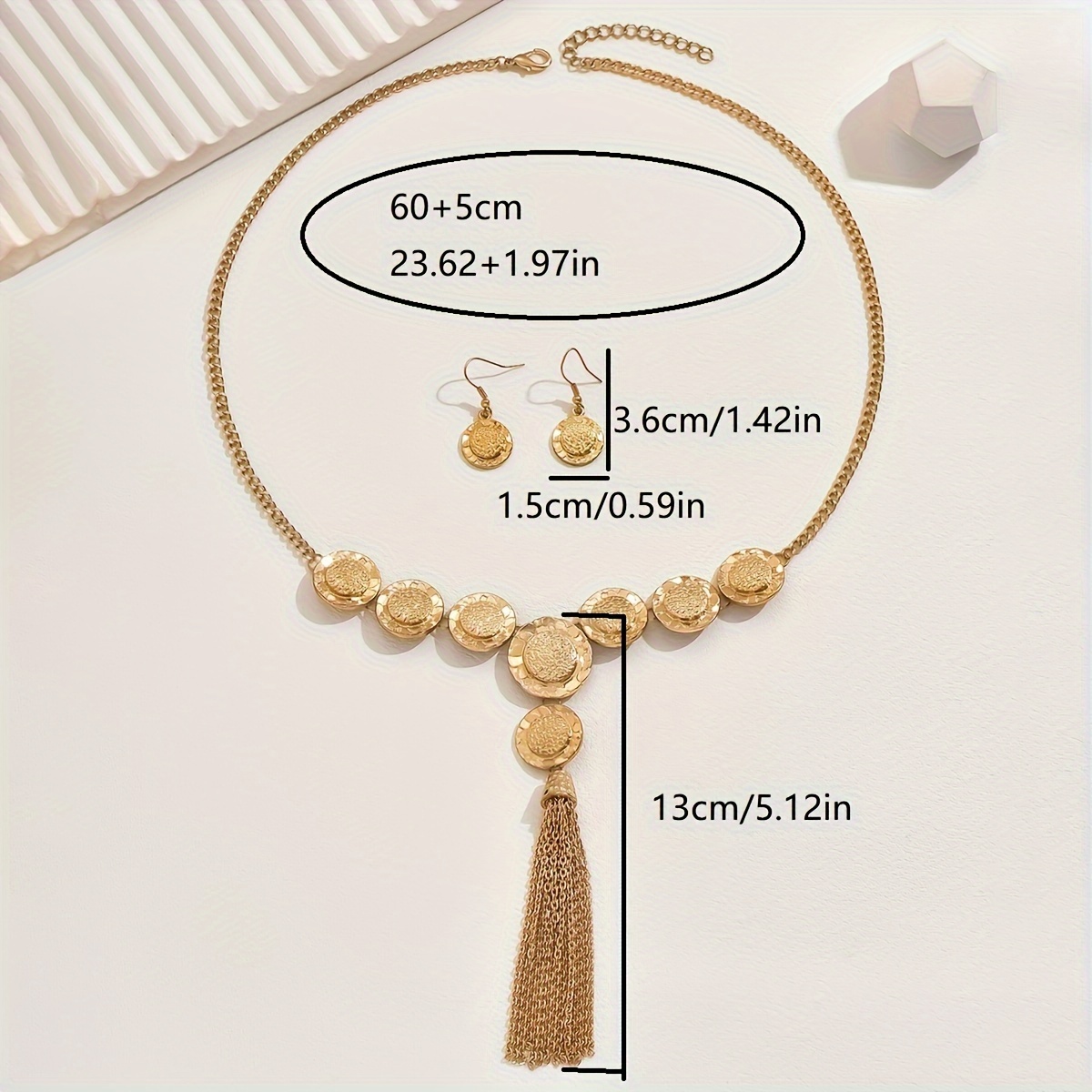 Vintage Hammered Geometric Y Necklace and Earrings Set