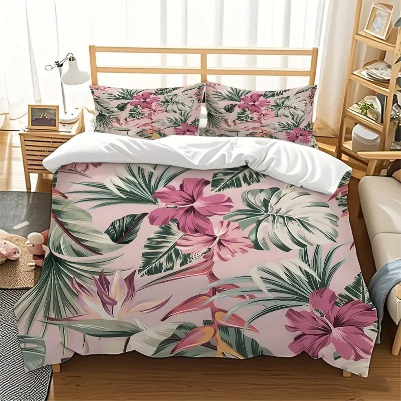 Eine dreiteilige Bettwäsche mit Blumenmuster, bestehend aus einem Bettbezug und zwei Kissenbezügen (ohne Kissen) * und bequem * für die allgemeine Schlafzimmer-Dekoration, Hotel-* und *