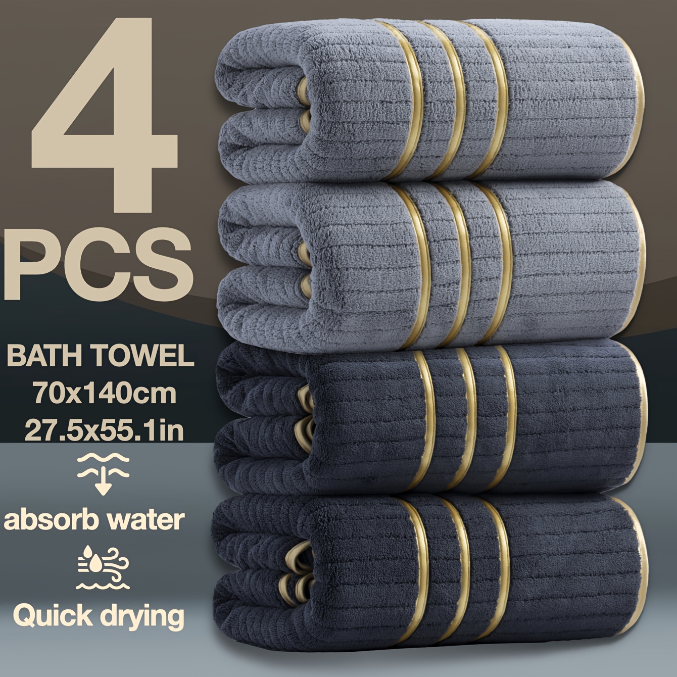 TEMU 4pcs Set Of High-end Light Luxury Minimalist Embroidered Bath Towels, 70x140cm Bathroom Set. High-density, Thickened Microfiber For Strong