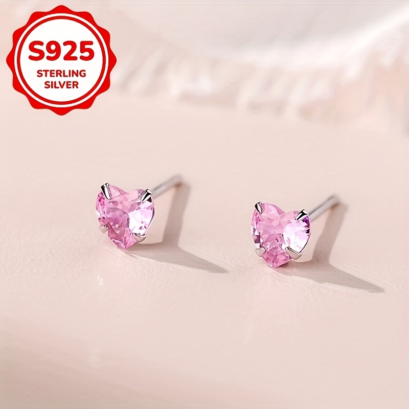 Women's Pink Heart Stud Earrings in S925 Silver