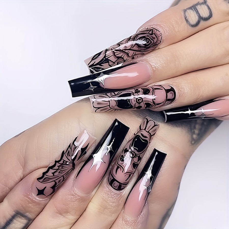 Gothic Style Nails Nude Press Nails Silver Ripple - Temu