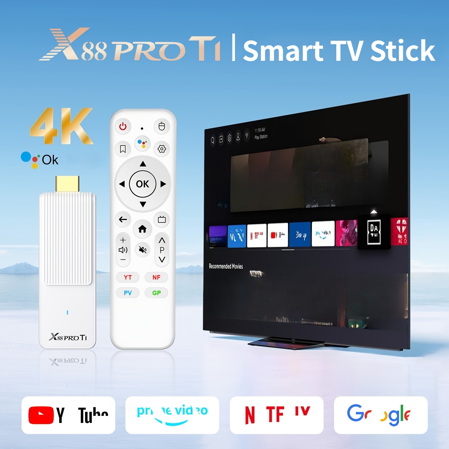 Clé TV intelligente ultra-mini X88PRO T1 blanche, nouveau modèle amélioré, design minimaliste, boîtier décodeur, Wi-Fi 6 double bande, processeur Rockchip RK3518, boîtier TV Internet, prend en charge 4K Ultra HD, lecteur TV, Android 14, sans fil 5.0+, télécommande à commande vocale