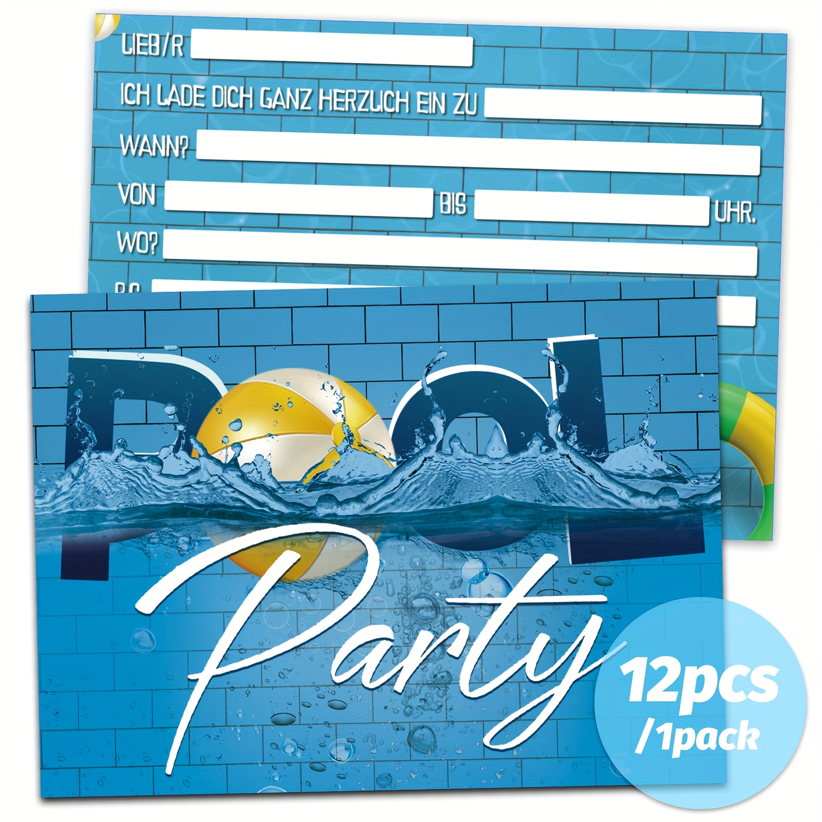 12pcs Birthday Invitations - Pool Party Invites With Cartoon Design, German Text, And Colorful Graphics For Summer-themed Celebrations, Water Fun, And Festive Gatherings, Birthday Party Decorations