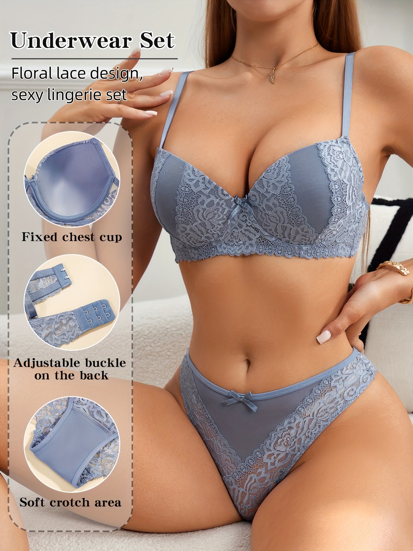 Butterfly Bow Contrast Lace Lingerie Set for Women, Deep V Gathered Underwire Bra + Low-Rise Panties, Backless Cut-Out Summer Breathable Thin