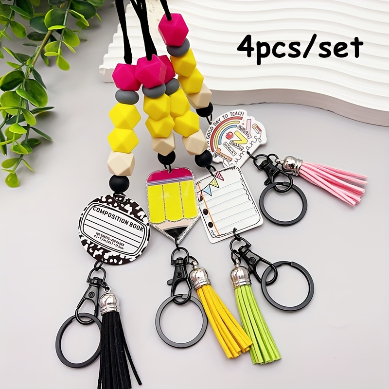 

4pcs/set Fashion Teacher Gift Silicone Bead Acrylic Pencil, Teacher, Notebook With Tassel Acrylic Keychain, Lobster , Silicone , Tassel Pendant, Perfect Accessory For Teacher