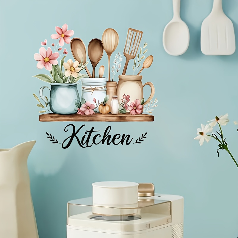 Kitchen Wall Sticker - Spice Jar Floral Pattern, Self-Adhesive Decal
