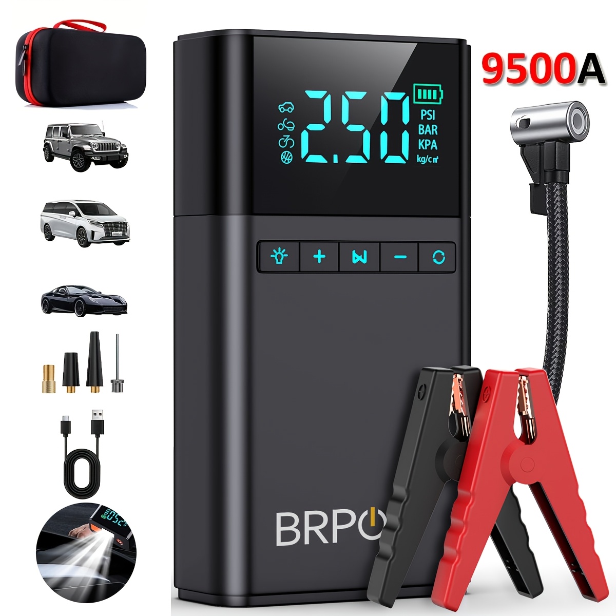 TEMU Car Jump Starter With Air Compressor Cordless Tire Inflator, Car Battery Booster With Power Bank & Led Flashlights, 12v Auto Jumper Gas Or 10.0l