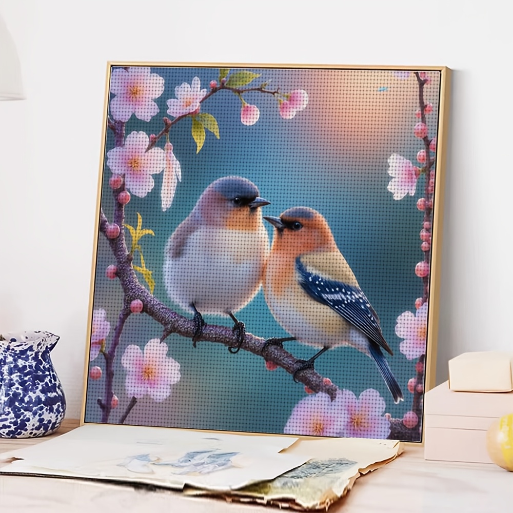 Cross Stitch Kit Featuring Two Birds on Cherry Blossom Branch, Ideal for Beginners