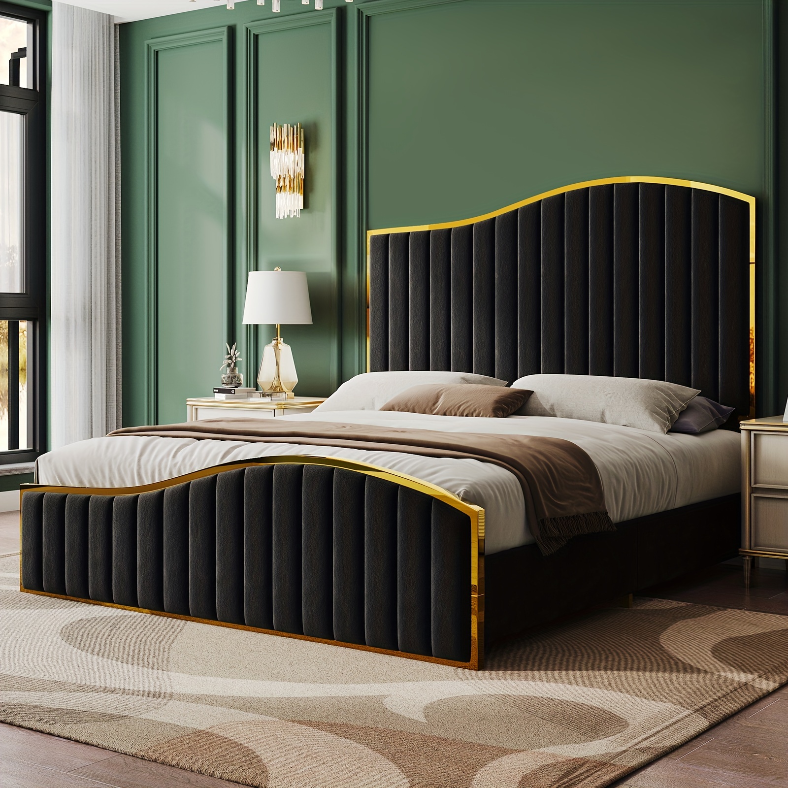 

61.4" High Headboard Platform Bed Velvet Upholstered With Gold Trim & Footboard/wooden Slats/no Box Spring Required