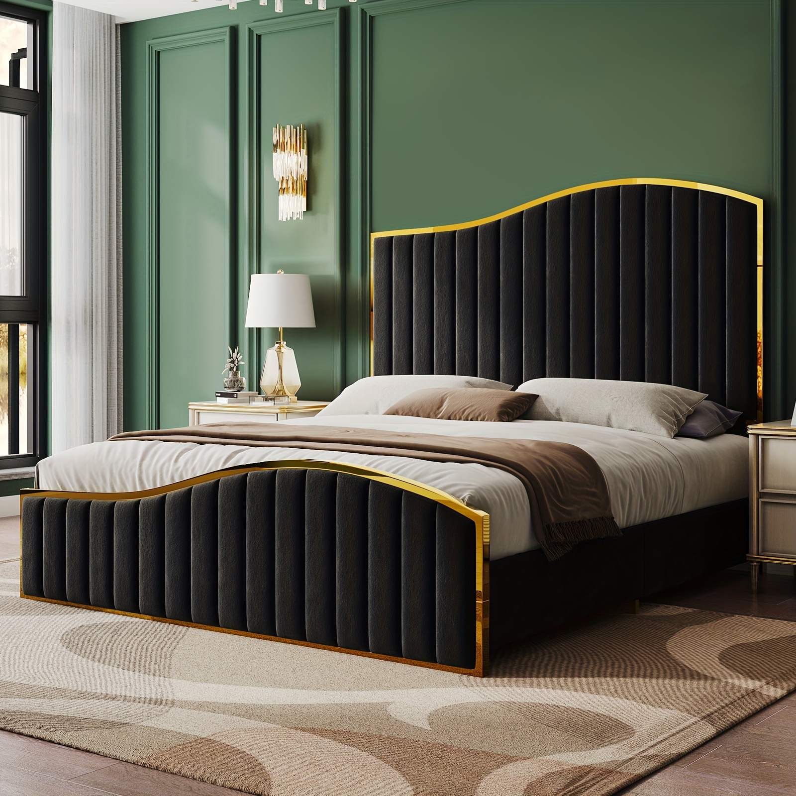 

61.4" High Headboard Platform Bed Velvet Upholstered With Golden Trim & Footboard/wooden Slats/no Box Spring Required