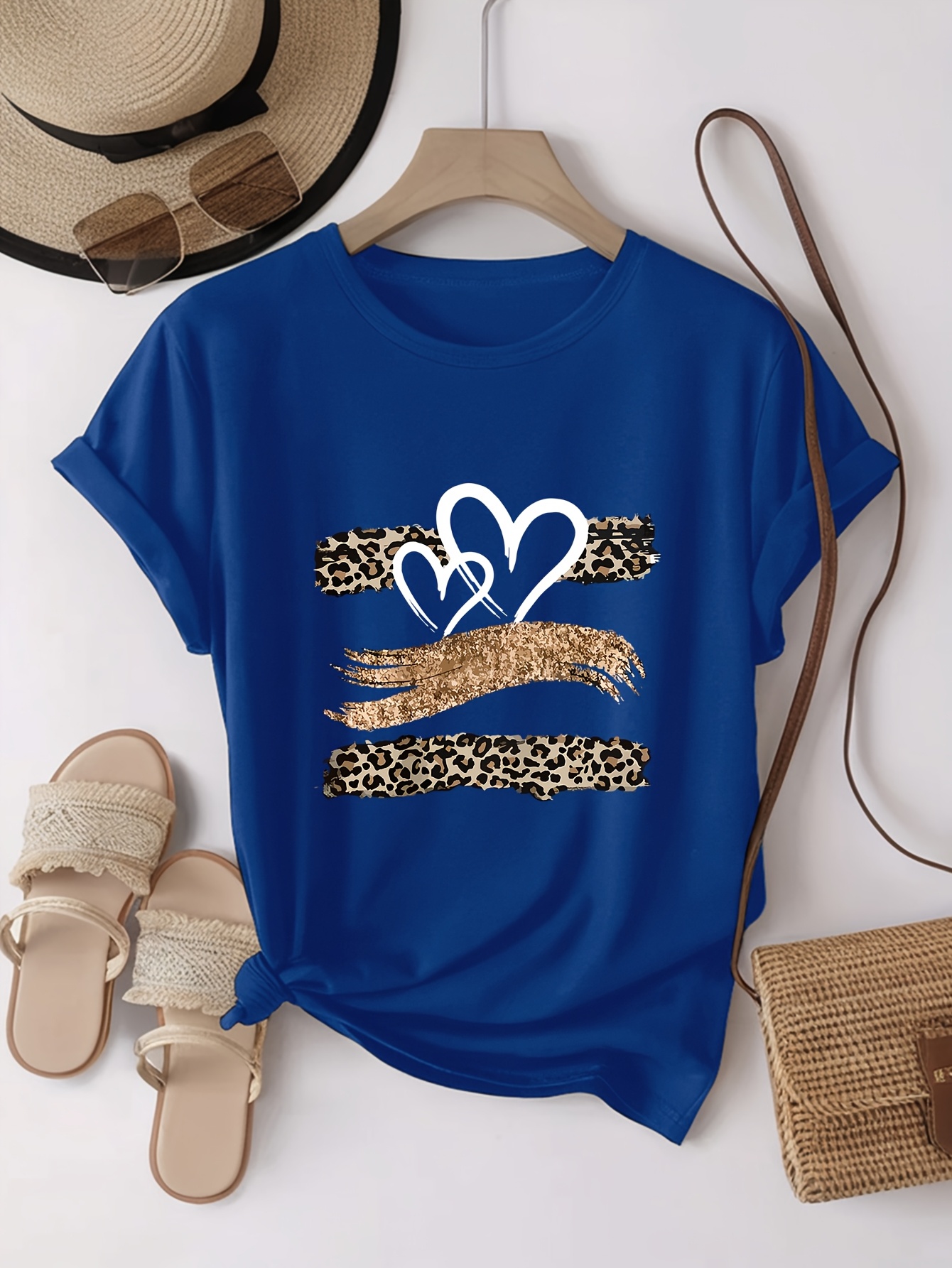 Leopard Print Heart Glitter-themed Pattern Print, Fashionable Breathable T-shirt, for Family Travel,, Casual S, Daily Commutes, Matching Outfits for Sisters, Versatile T-shirt 30057