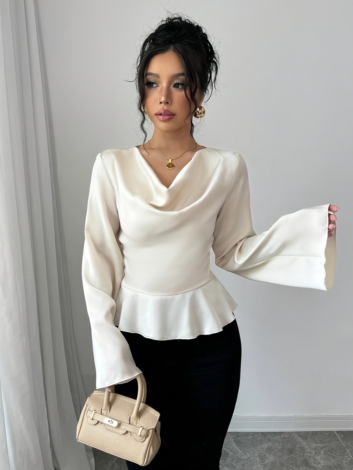 elegant womens flare sleeve blouse ruched waist bell sleeves