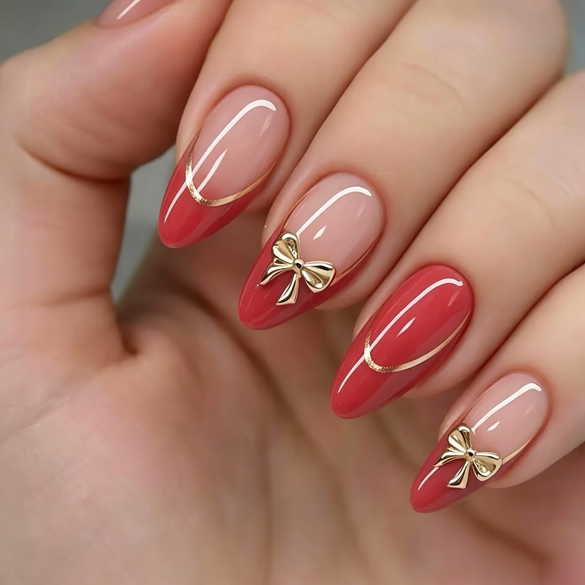 TEMU 24-sheet Pack Medium Almond-shaped Press-on Nail Patches, And Golden Lines Y2k Bow, Fake Nail Set With Bow Accessory, Suitable For Nail Salons,