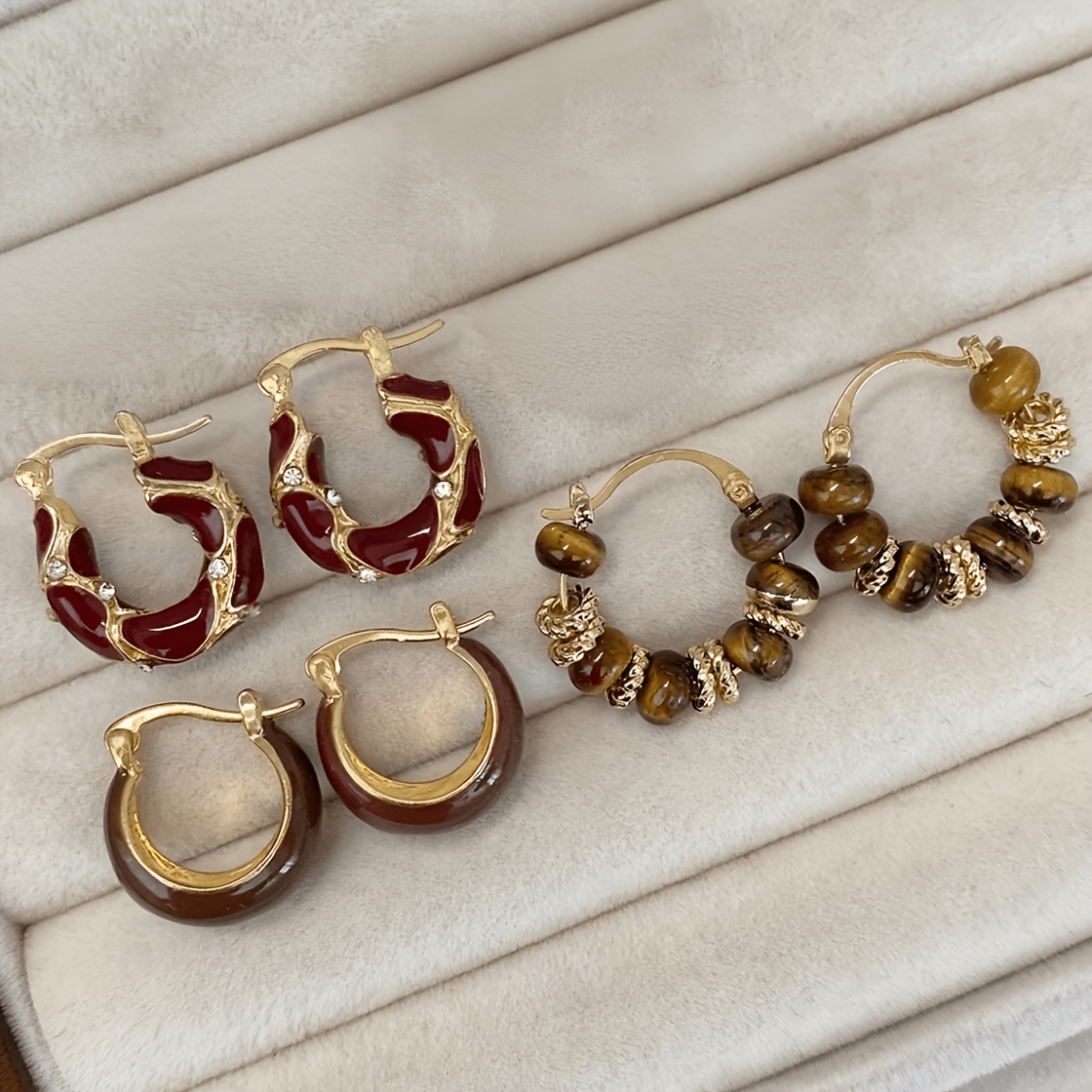 TEMU 6pcs Elegant Light Luxury Artificial Eye Stone Earrings, Brown Drip Oil Geometric Hoop Earring Set, Women's Vintage Style Ear Jewelry Suitable