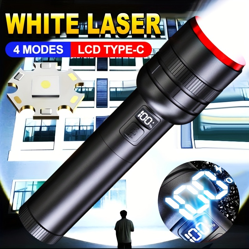 

1pc Long Endurance Rechargeable White Laser Flashlight With Led High Brightness, Handheld Flash, Powerful Emergency Flashlight, Durable, Suitable For Fishing, Camping Equipment, Hiking And