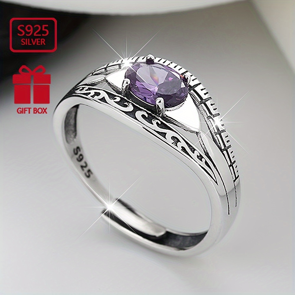 

1pc 925 Sterling Silver Ring Inlaid Waterish Zirconia In Purple Symbol Of Beauty And Mystery High Quality Adjustable Ring