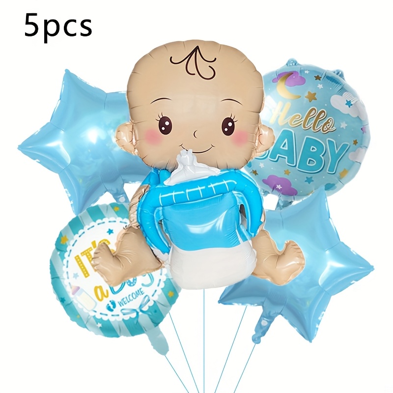 Image of 5pcs Powder Blue Baby Bottle Doll Balloon Foil Balloon Set, Birthday Party Gathering Decoration Indoor Ornament Supplies, For Halloween, Christmas