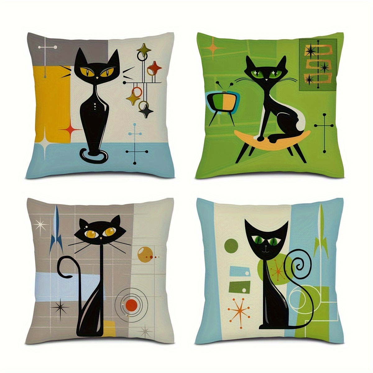 

Jit; A Set Of 4 Contemporary Cat Art Throw Pillow Covers, 18x18 Inches, Low Allergy Polyester, Zipper Opening And Closing, Machine Washable Geometric Pattern Cushion Covers, Suitable For Room Types