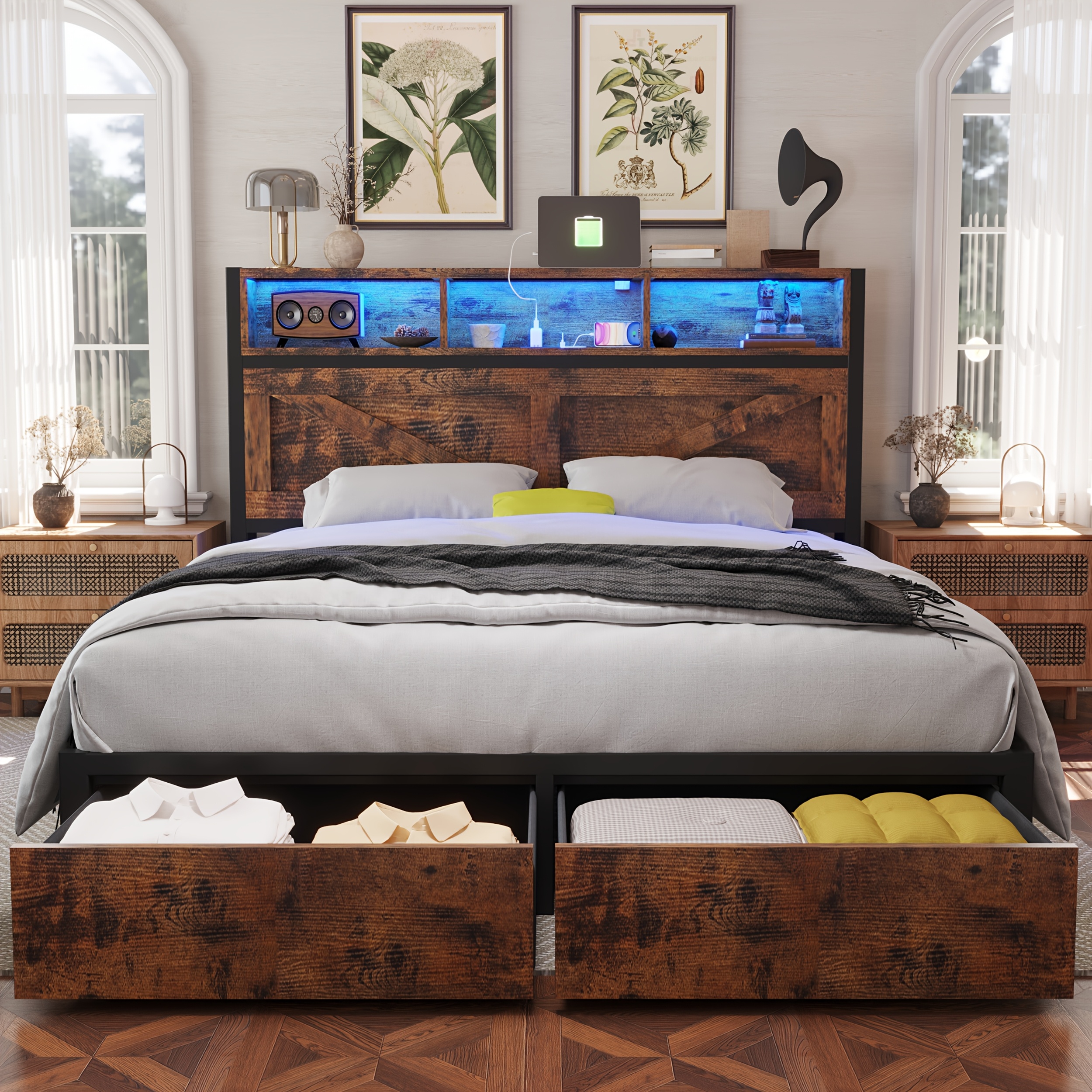 TEMU Farmhouse Bed Frame With Bookcase Headboard And Storage Drawers, Spring Needed, , (full, Queen)