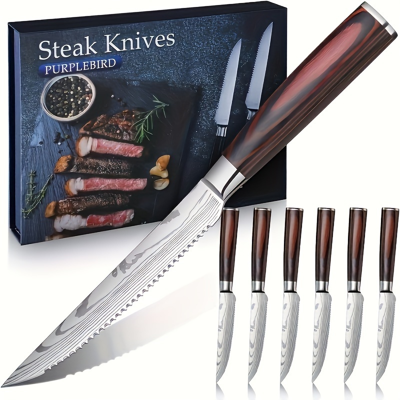 

Steak Knives Set Of 6, Serrated Steak Knife Set 4.5 Inch, Japanese High Carbon Steel Kitchen Steak Knife, Sharp Steak Knives With Wood Handle, Dinner Knife With Gift Box For Mom Dad