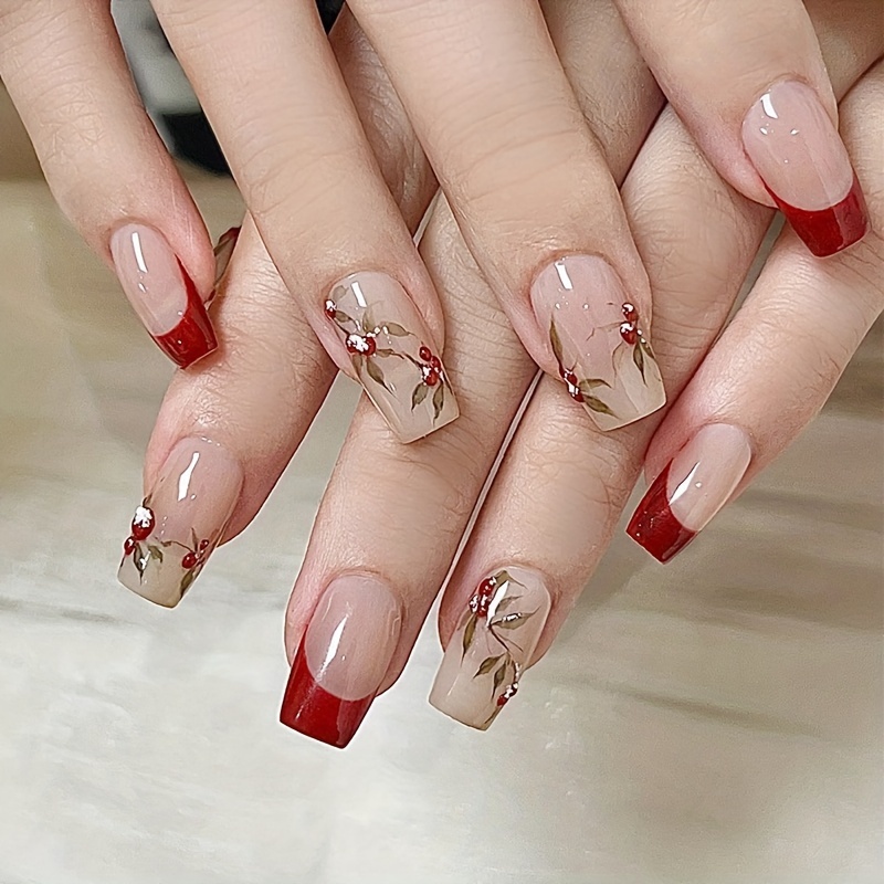 

24pcs Cherry Blossom French Manicure Press-on Nails - Medium Square Shape, Red & Clear Gradient With , , Includes Jelly Glue & Nail File For Easy Application