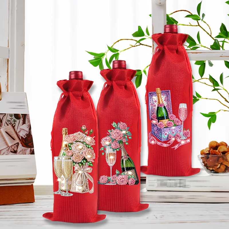 TEMU Ensemble de 3 - Sacs à vin décoratifs en lin avec peinture diamant 5D, style verre de champagne, kit de peinture diamant, sacs à vin à cordon de