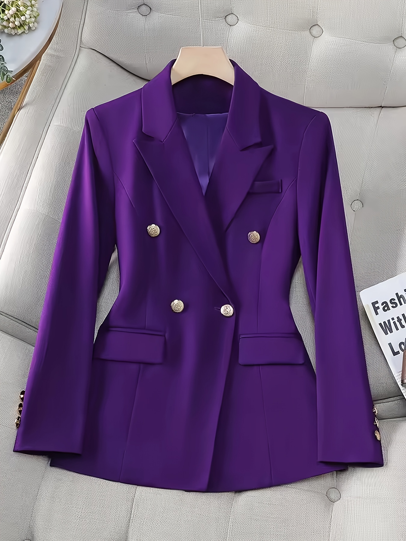 Women'S Elegant Double-Breasted Office Wear Blazer - Vibrant Purple, Long Sleeve, Regular Fit, All-Season Jacket with Golden Buttons and Decorative Button