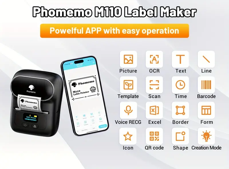 phomemo m110 label maker wireless label printer with one roll 40x30mm thermal sticker label thermal label printer for store owner small business address logo clothing mailing sticker printer for phones pc mini labeler for barcode document product information details 5