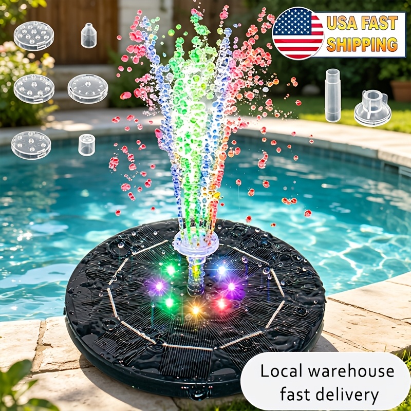 TEMU Solar Water Fountain Pump With Led Rgb Lights, Bird Bath Pond, Lights