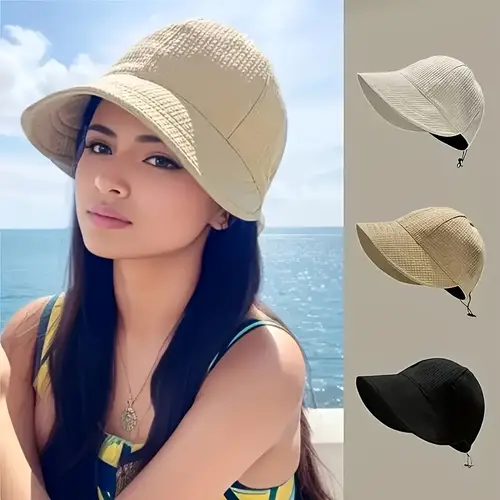 womens woven polyester sun hat with drawstring breathable beach cap in solid colors white beige washable inelastic toggle closure versatile fashion accessory for outdoor activities beach sun hat wide brim hat woven polyester cap