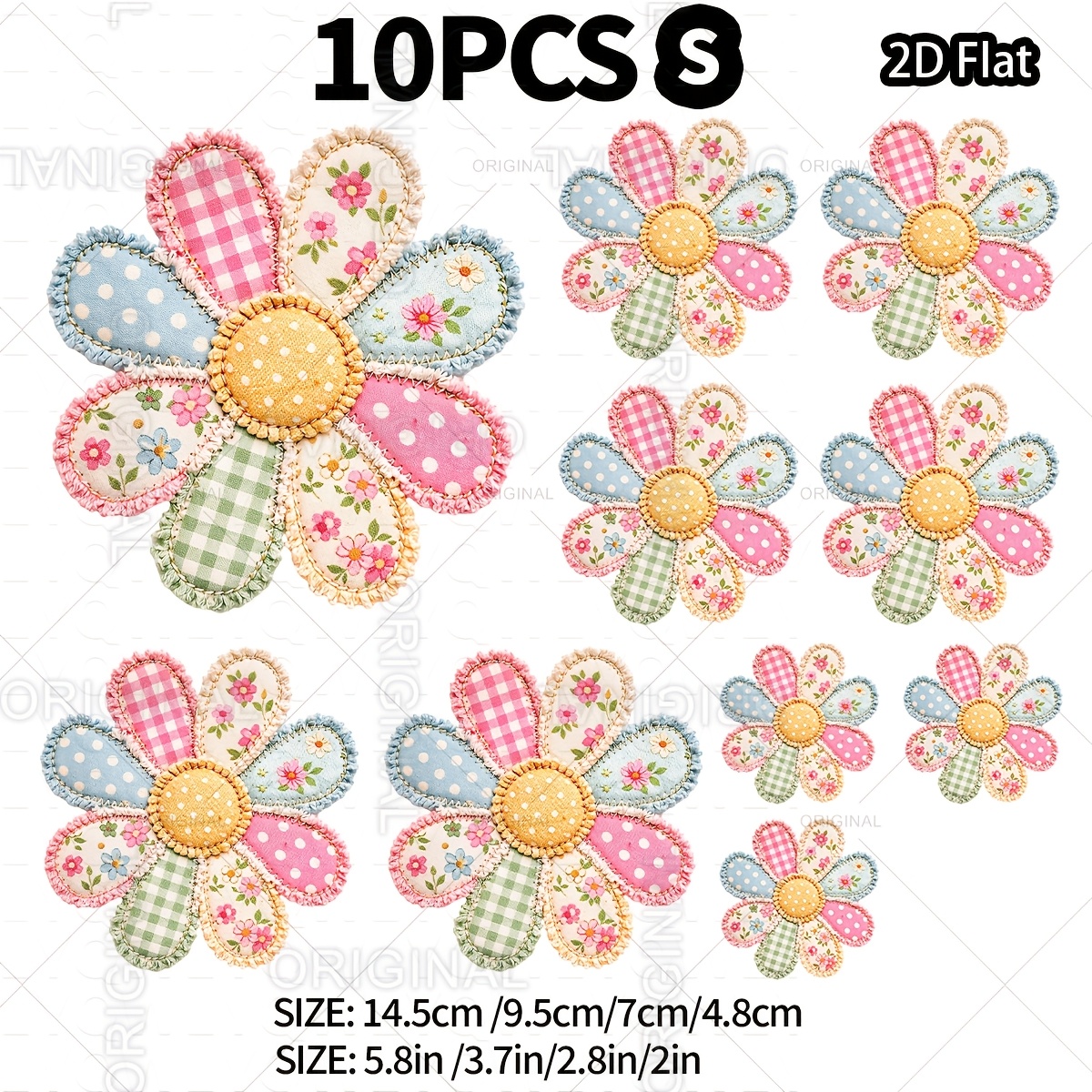 TEMU Lot de 10 DTF 2D plats floraux en patchwork simulé vintage, thermiques instantanés chic usés pour vêtements à motif floral à carreaux et