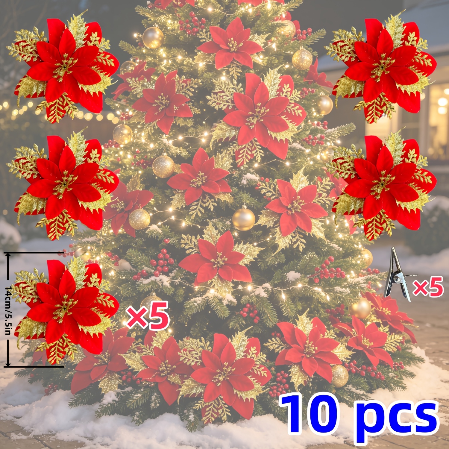 TEMU 10pcs Décorations de Noël Rouge Or Grade One Rouge - Festival de Noël - Décoration de Guirlande - Guirlande - Guirlande de Noël - avec Clips