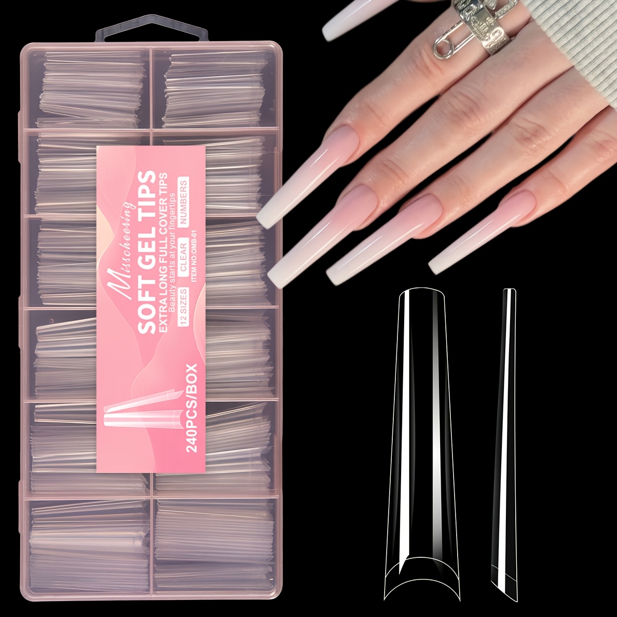 TEMU 240pcs/Set Uñas Postizas Extra Largas Estilo Vaquero, Tips Brillantes Francesas de Media Cobertura, Uñas Falsas para Mujer, Suministros de Uñas