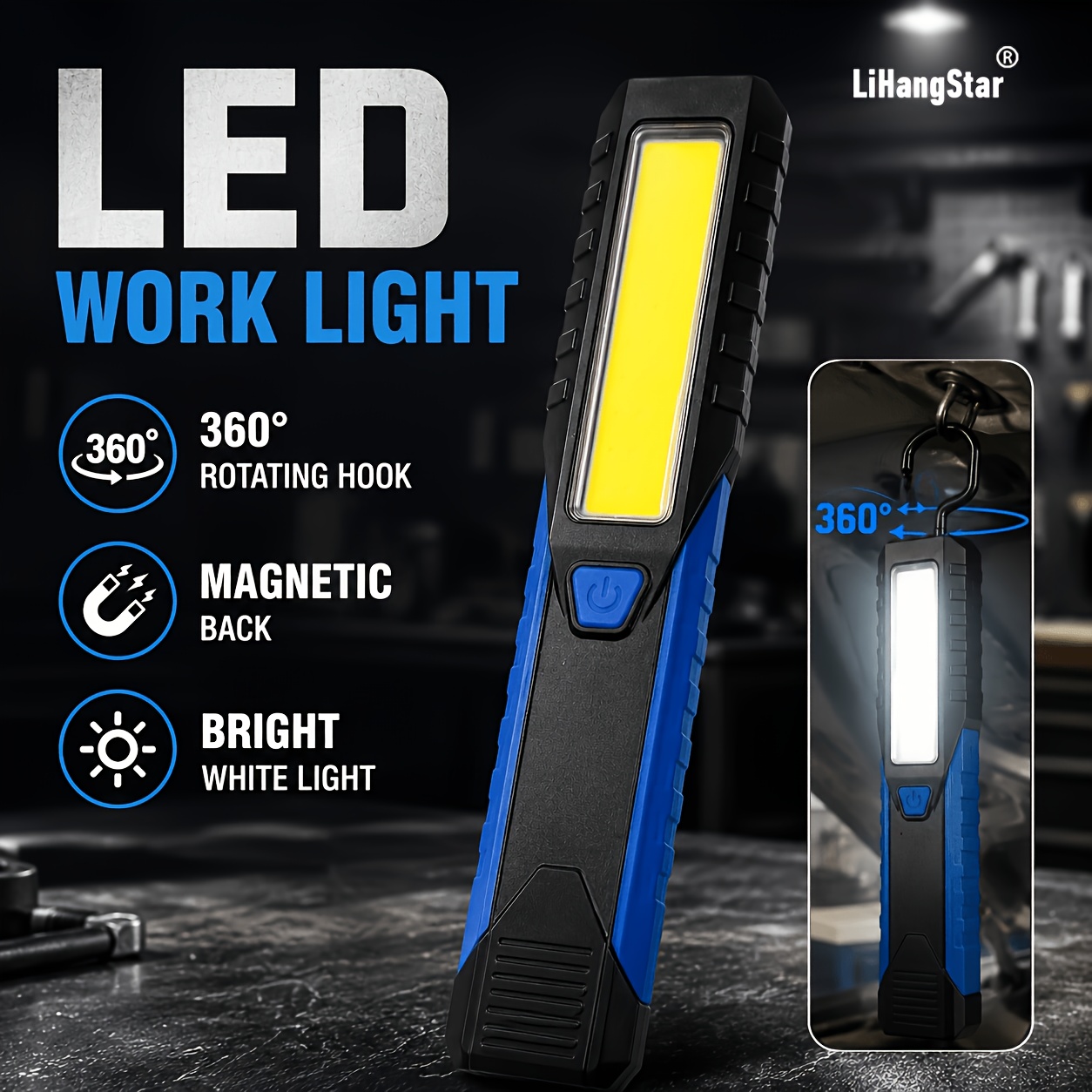 TEMU Outdoor Cob Handheld Flashlight, Usb Rechargeable Work Light, With Hook And Adjustable Angle, Magnetic Mount, Suitable For Work Lighting,