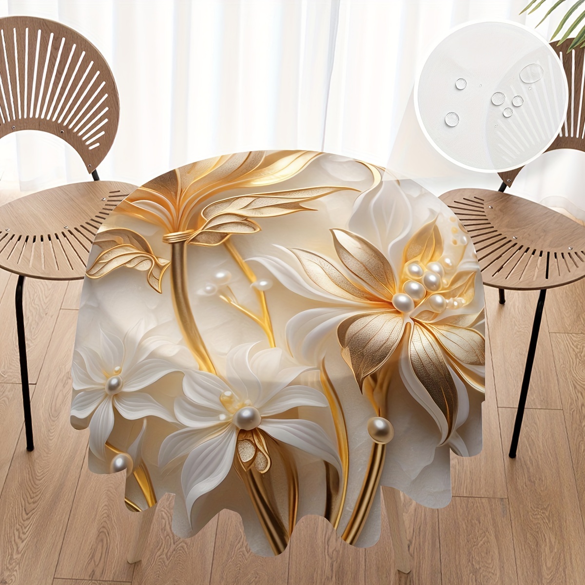 

Elegant Floral Digital Printed Round Tablecloth - 1pc, Stain Resistant, Machine-woven Polyester, Pleated Design For Parties, Banquets, And Home Decor