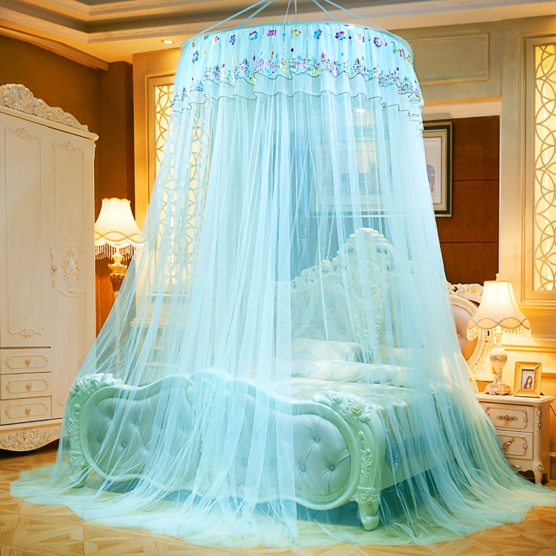 1pc elegant solid color dome hammock style mosquito net with sequins and floral lace trim machine washable fits 1 1 8m beds romantic bedroom decor and festive gift idea bed canopy decorative bedding sheer lace detail details 2