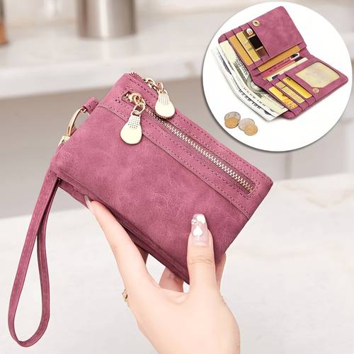 womens vintage mini wallet with wrist strap pocket book zipper coin pocket card slots id window snap closure compact purse for cash cards id minimalist handbag for